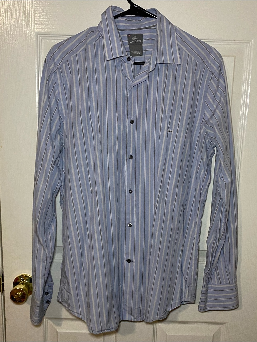 Lacoste Blue and White Striped Long-Sleeve Dress Shirt